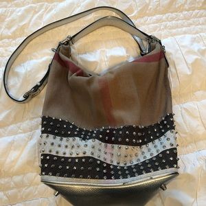 BURBERRY Canvas Studded Medium Susanna Hobo Silver